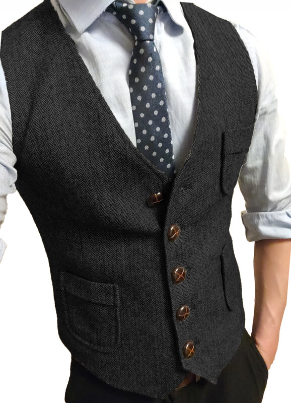 Colete masculino formal, colete com decote em v Tweed Herringbone, vestido de negócios, coletes de casamento