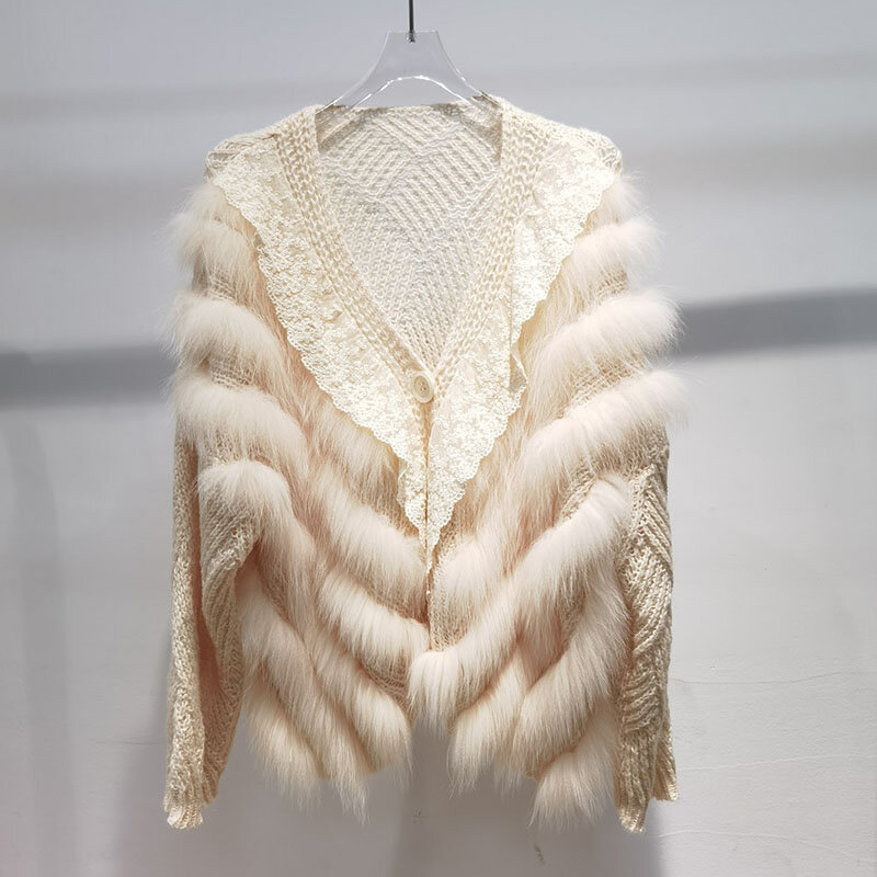 Women Spring Loose Knitted Real Fox Fur Cardigan Sweater Coat Casual Strip Genuine Fur Open Stitch With Button Outwear