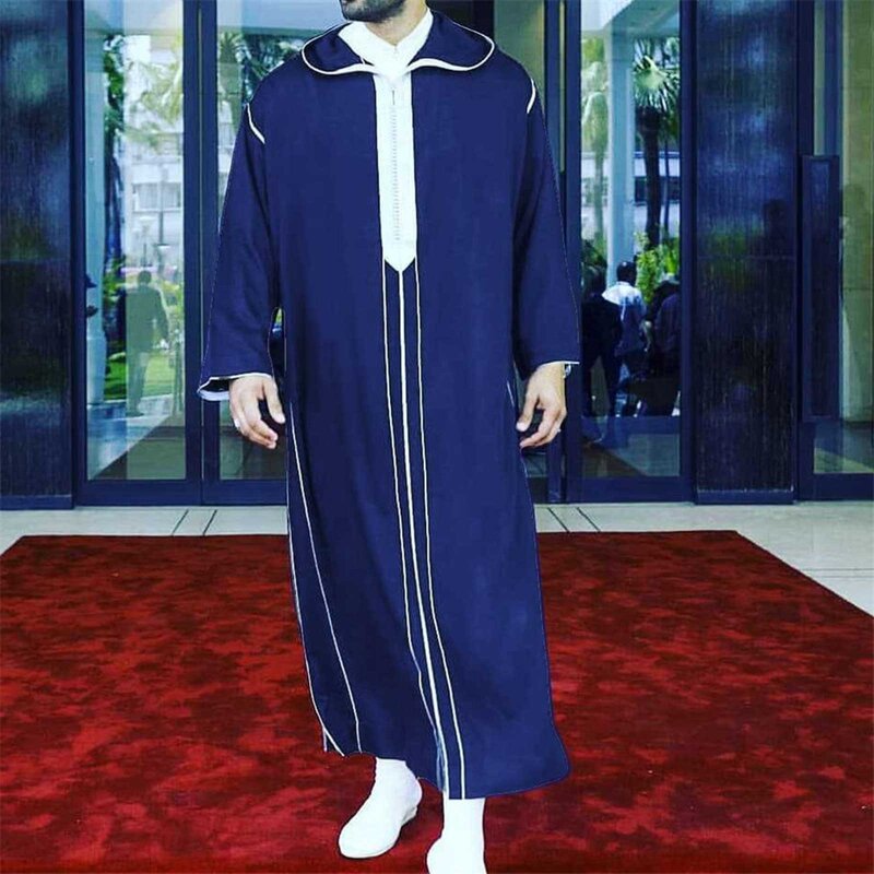 Robe muçulmano masculino, roupão de manga comprida, roupão de fenda lateral, roupão de bolso, camisas rayon, estilo árabe médio, simples