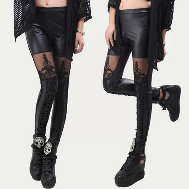 Celana legging Punk Gotik kulit imitasi wanita seksi bergaya celana renda Skinny celana imitasi sabuk kulit sembilan poin Trouse G2I8