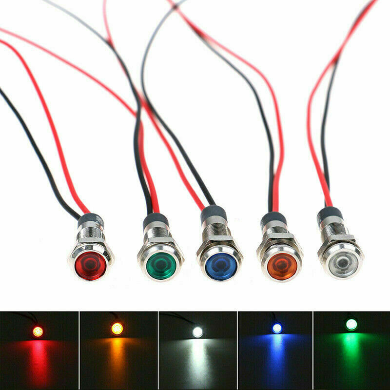 5Pcs 금속 방수 6/8/10/12mm 12-24VDC LED 신호 표시 등 와이어 자동차 보트 대시 대시 보드 패널 경고 파일럿 램프