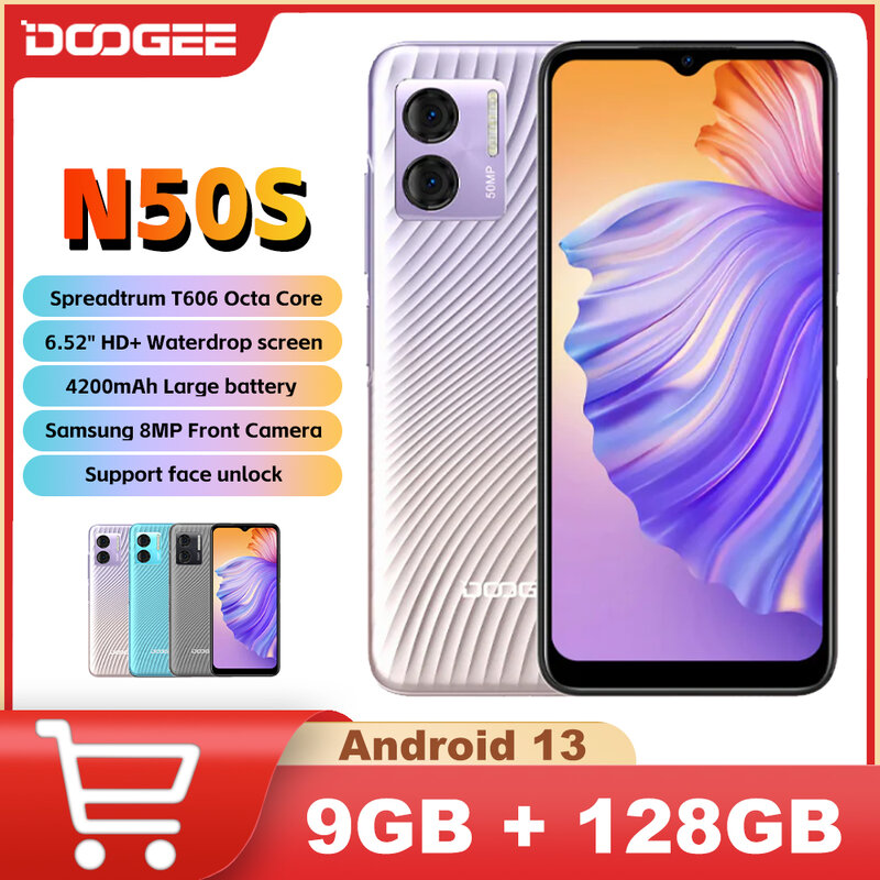 DOOGEE-N50S Smartphone, 9GB + 128GB, 6.52 "HD + Display, Carregador Rápido 4200mAh, Spreadtrum T606, 20MP AI Main Camera, Celular