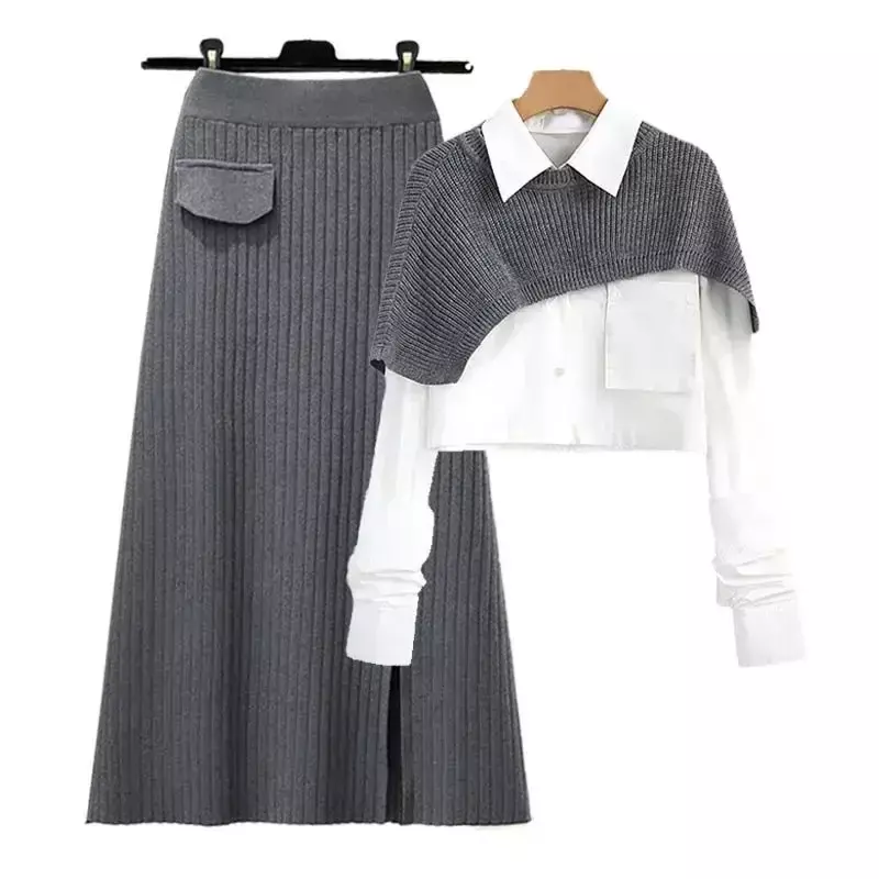 2024 New Autumn Dress Sets Female Loose Knit Shawl+Long Sleeve Shirt+High Waist Knitted Half Skirt Three Piece Set