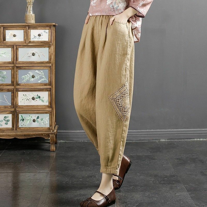 2023 Cotton Spring Autumn Thin Casual Elastic Waist Straight Ladies Solid Color Women's Clothing Patchwork Pocket Harem Pants