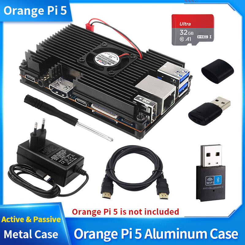Orange Pi 5 boîtier en alliage d'aluminium, boîtier métallique actif et passif avec ventilateur de refroidissement, alimentation en option, adaptateur USB WiFi et BT