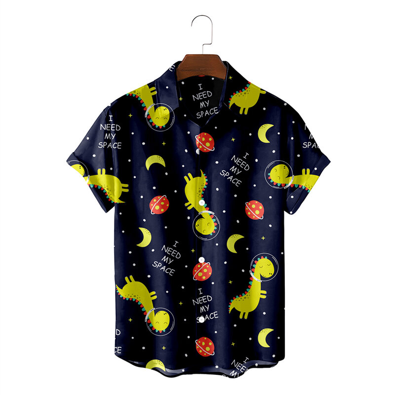 Гавайская рубашка с забавным динозавром, Повседневная пляжная блузка с 3D-принтом для мужчин и женщин, с коротким рукавом, модная мужская кофта с лацканами