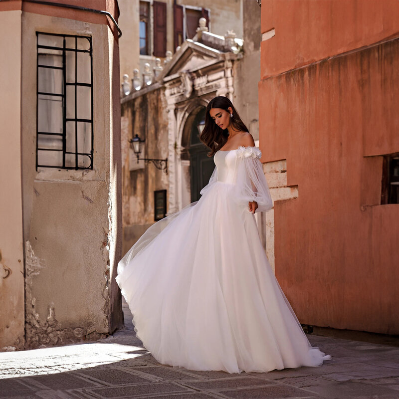 Modest Off the Shoulder Corset Wedding Dress for Women Tulle Wedding Bridal Gown with Removable Puff Sleeve robe de mariée