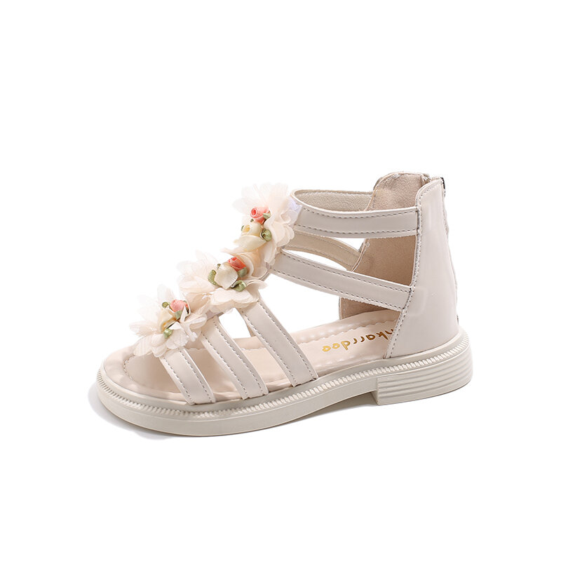 Girls Floral Sandals Princess Sweet Gladiator Beach Sandals 2024 Summer New Bohemian Style with Flowers Kids Sandals Zipper Soft