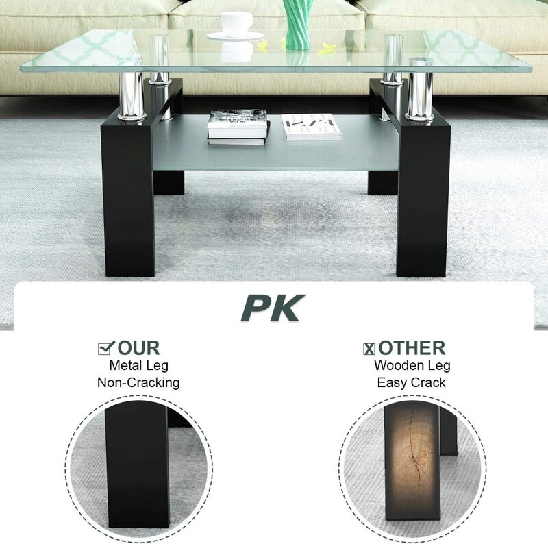 Стеклянный журнальный столик прямоугольной формы-современный центральный боковой журнальный столик с нижней полкой черные металлические ножки-подходит для гостиной (черный)