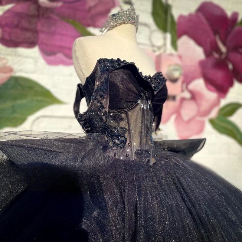 Luxo cristais pretos vestido de baile, vestidos Quinceanera, apliques, fora das contas de ombro, doce 16 vestido, 15