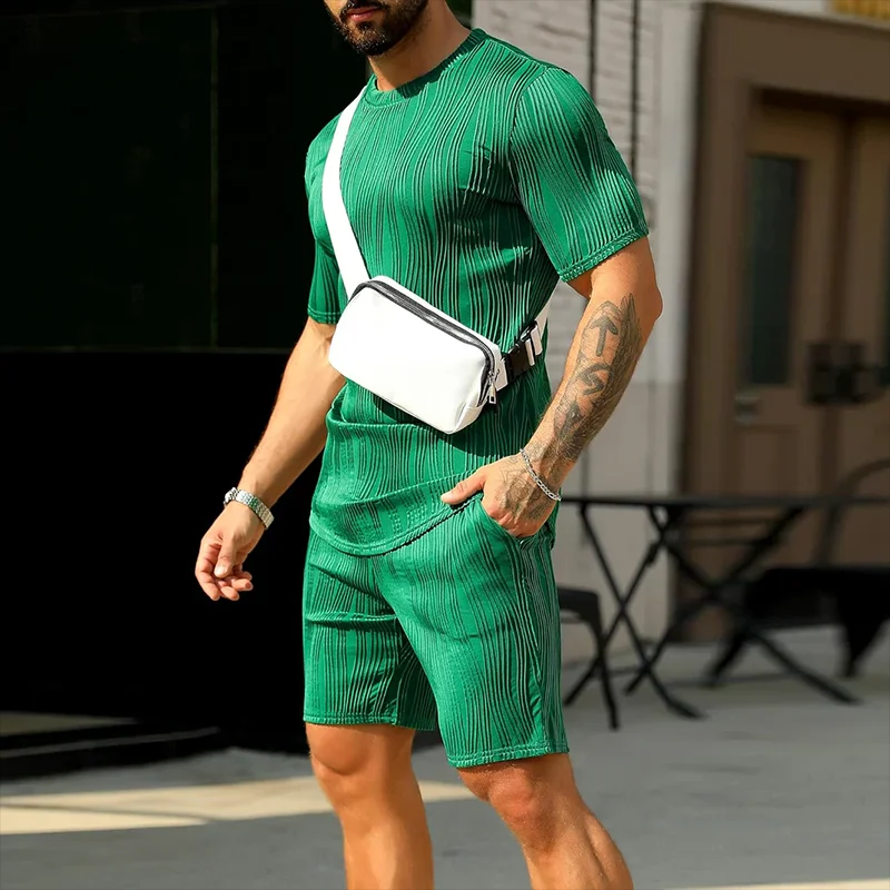 Vintage Solid Color Striped Mens Two Piece Suits Short Sleeve O Neck T Shirts And Shorts Sets 2024 Summer Men Fashion Outfits