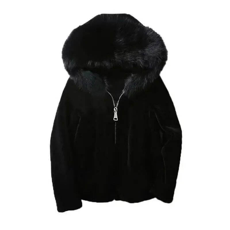 Mantel bertudung beludru imitasi untuk wanita, jaket bulu domba imitasi, jaket hoodie Korea longgar tebal hangat kerah rubah musim gugur dan musim dingin