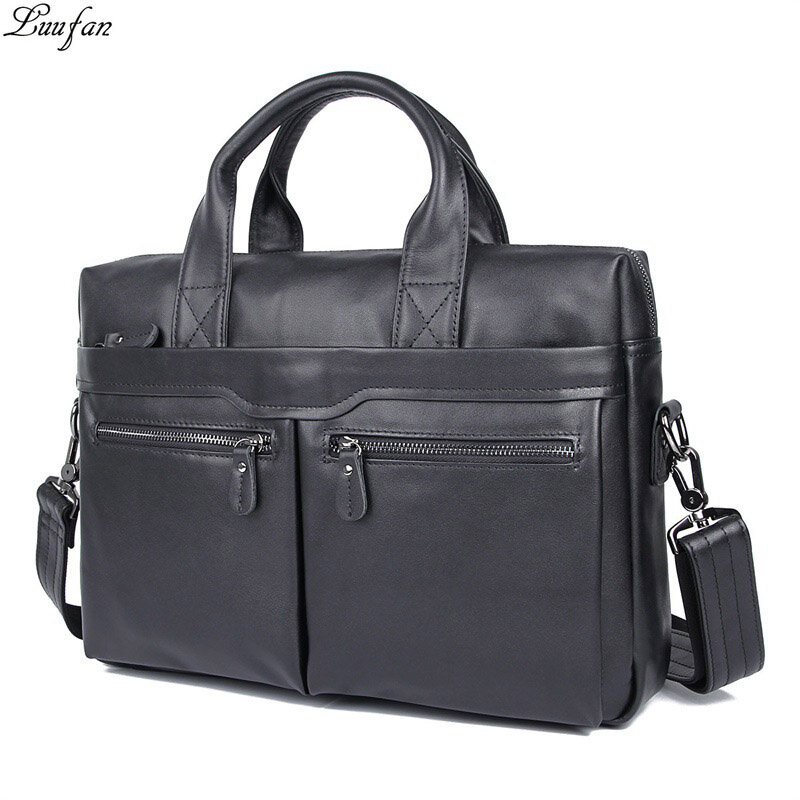 Soft Genuine Leather Business Briefcase For Man Fit 14" Laptop Handbag Black Soft Cow Leather Male Message Bag Work Tote