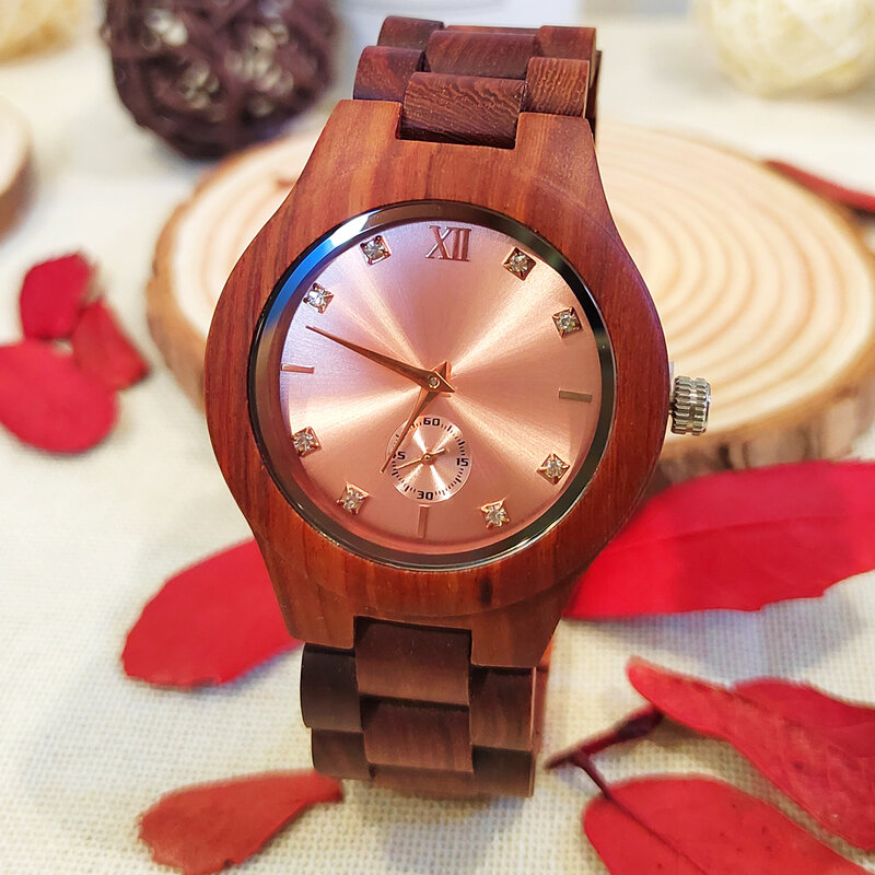 女性の木製腕時計、シミュレートされたダイヤモンドダイヤル、ガールフレンド時計、スタイリッシュなシンプルなクォーツ時計、ファッション