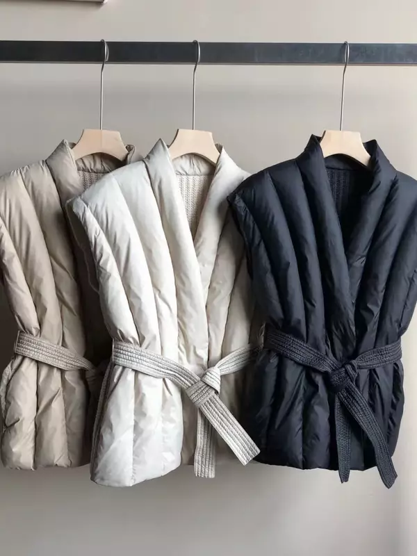 Manteau chaud avec ceinture pour femme, veste en duvet émaillé épissé avec col en V pour femme, document solide, nouveau, hiver 2023