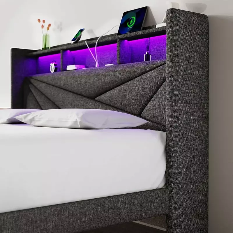โครงเตียงพร้อม2ลิ้นชักเก็บของพร้อมหัวเตียงและสถานีชาร์จไม่จำเป็นต้องใช้กล่องสปริงประกอบง่ายโครงเตียง