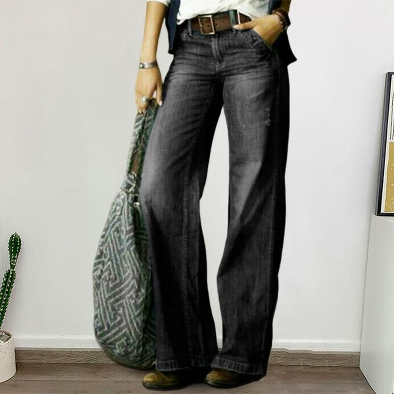 Мешковатые джинсы в винтажном стиле, женские прямые джинсы с эффектом потертости, несколько карманов, средней посадки, стильная пуговица