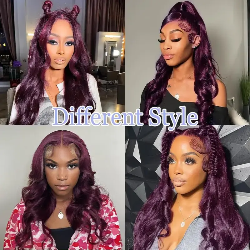 Dark Burgundy Body Wave Lace Front Wigs HD 13X4 Deep Purple Lace Wigs for Women Glueless Wigs 180% Density Heat Resistant Wig