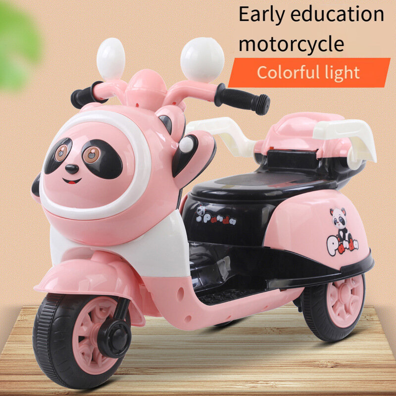 Mobil mainan sepeda motor listrik anak-anak, mobil mainan bayi sepeda motor Panda roda tiga isi ulang musik pendidikan dini