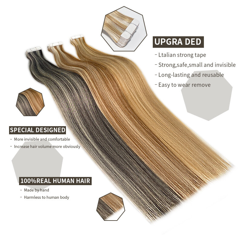 Extensiones de cabello humano con cinta recta, extensiones de cabello Natural 100% Remy, trama de piel, pegamento adhesivo para salón, alta calidad