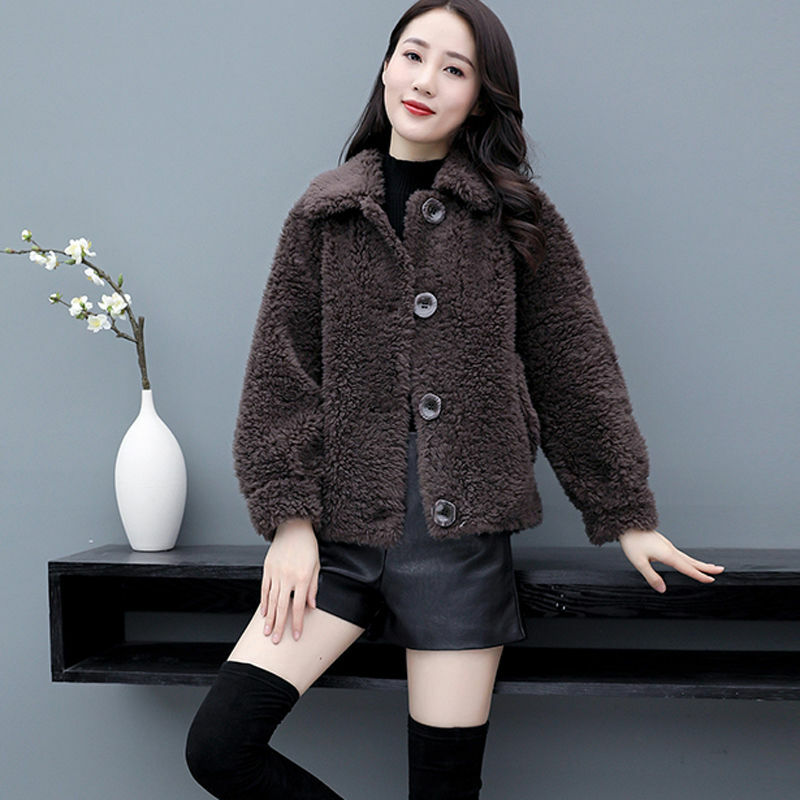 Leather and fur integrated coat for women autumn and winter imitation lamb fur coat for women short Korean loose fitting coat