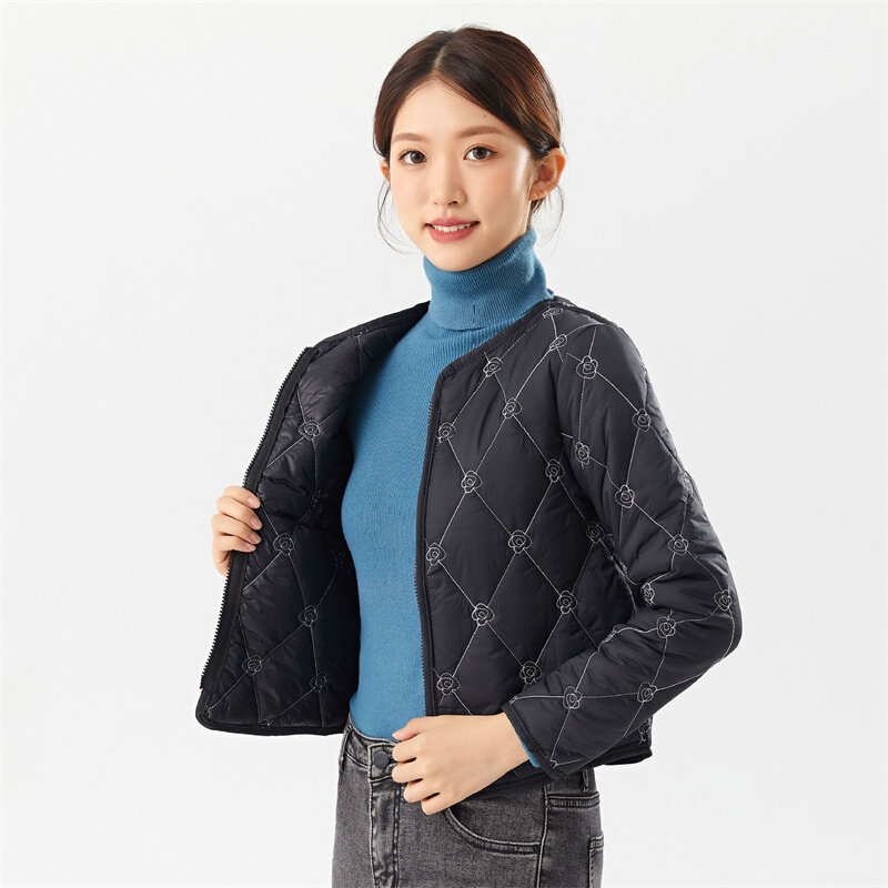 Autumn Winter New Girlish Collarless Ultra Light Short Down Double Sided Jacket Embroidery Cozy Warm Portable Windbreaker Coats