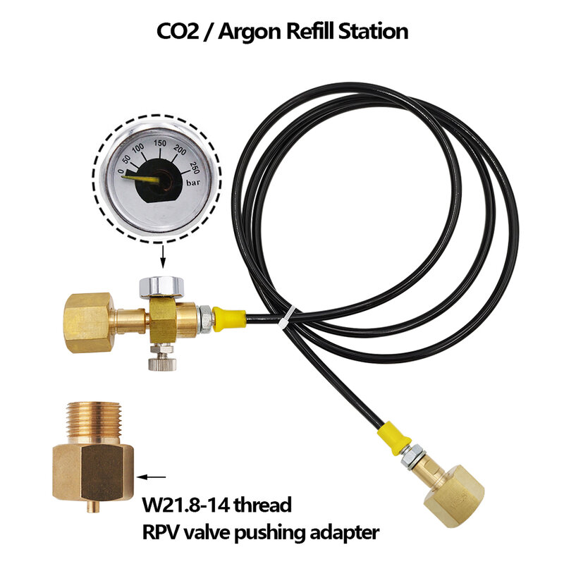 Soda Argon CO2 Tanque Estação De Recarga, Transferência De Carga Para Válvula De Pressão Residual, 1.5m 5ft Mangueira W21.8-14 DIN477 250Bar Calibre