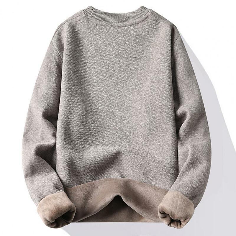 Zimowy solidny kolor sweter przytulny męski zimowy sweter z podszycie polarowe dzianiną z okrągłym dekoltem i długim rękawem na jesień dla młodych