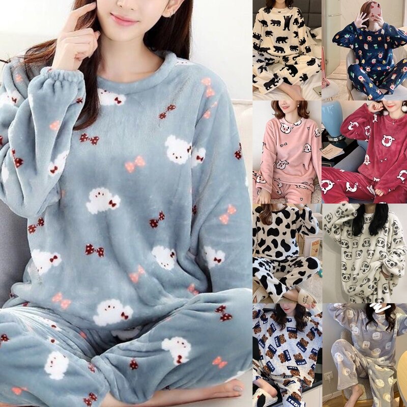 Women Winter 2 Piece Pajamas Set Long Sleeve Pullover Tops Loose Pants Cartoon Animal Print Thick Warm Coral  10CE