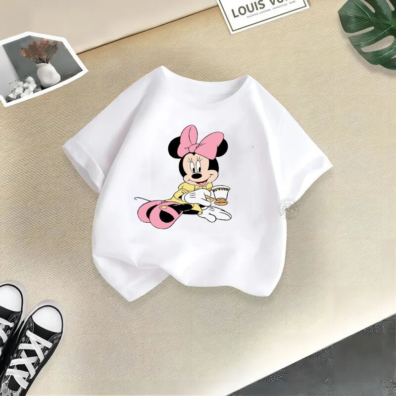 Disney mickey e minnie impresso t-shirt de algodão para meninos e meninas, top bonito do bebê, casual, gola redonda, manga curta