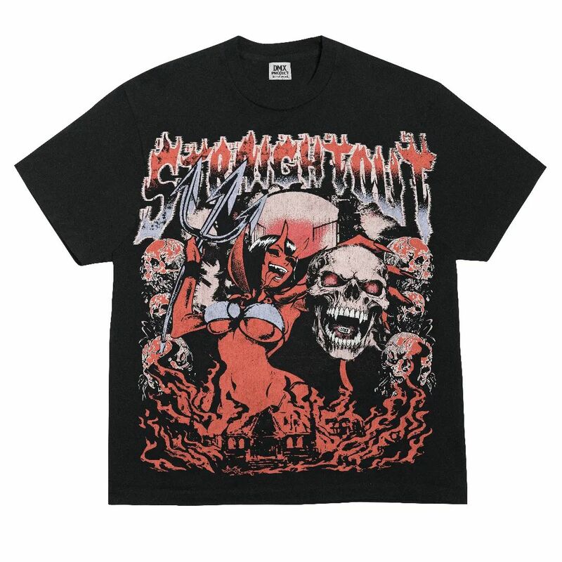 T-shirt de algodão americano do demônio do hip-hop, estilo solto, gola redonda, harajuku, top gótico, impresso em casais, rua secundária, verão, Y2K