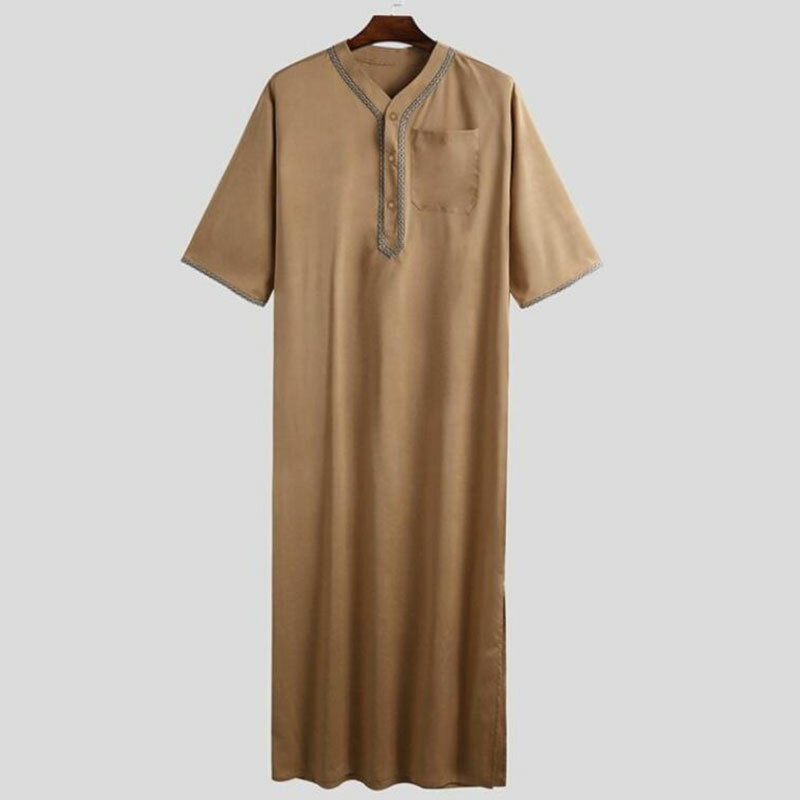 Quente muçulmano botão afiação camisa de manga curta com bolso médio oriente arábia dubai malásia casual islâmico masculino solto v pescoço robe