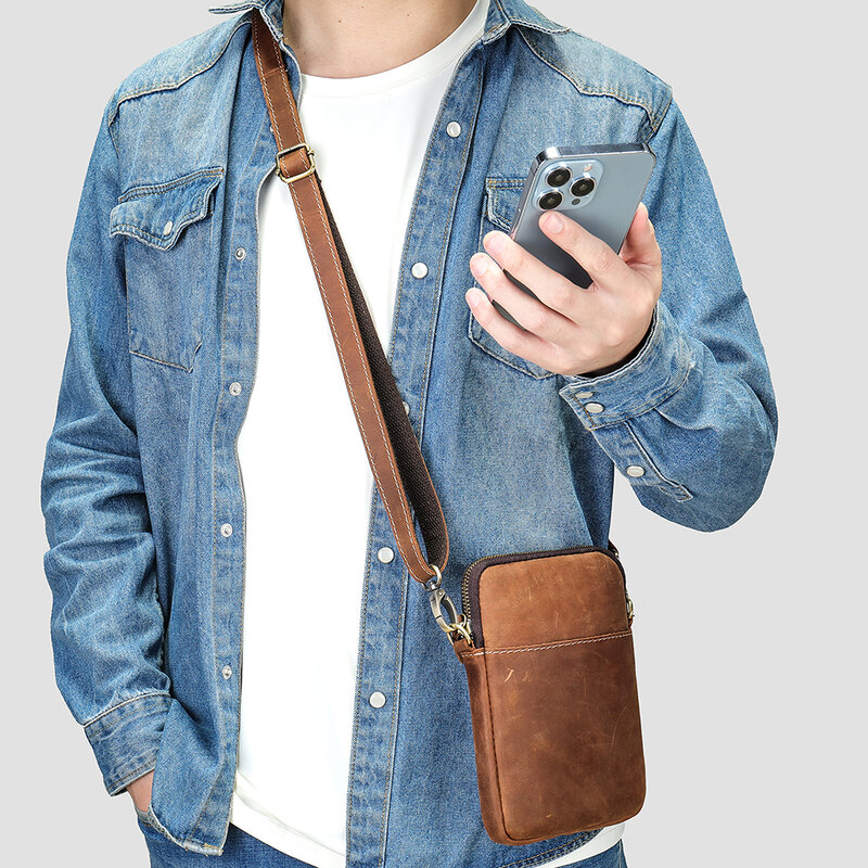 WESTAL tas selempang kulit kuda gila tas bahu kulit asli pria dompet ponsel kecil tas Mini desainer pria baru 2023
