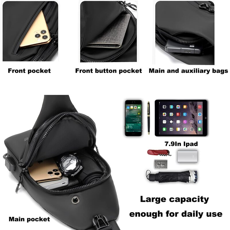 Sacs à bandoulière imperméables pour hommes, sac à dos à bandoulière initié, port de charge USB, sauna, téléphone, sac léger extérieur