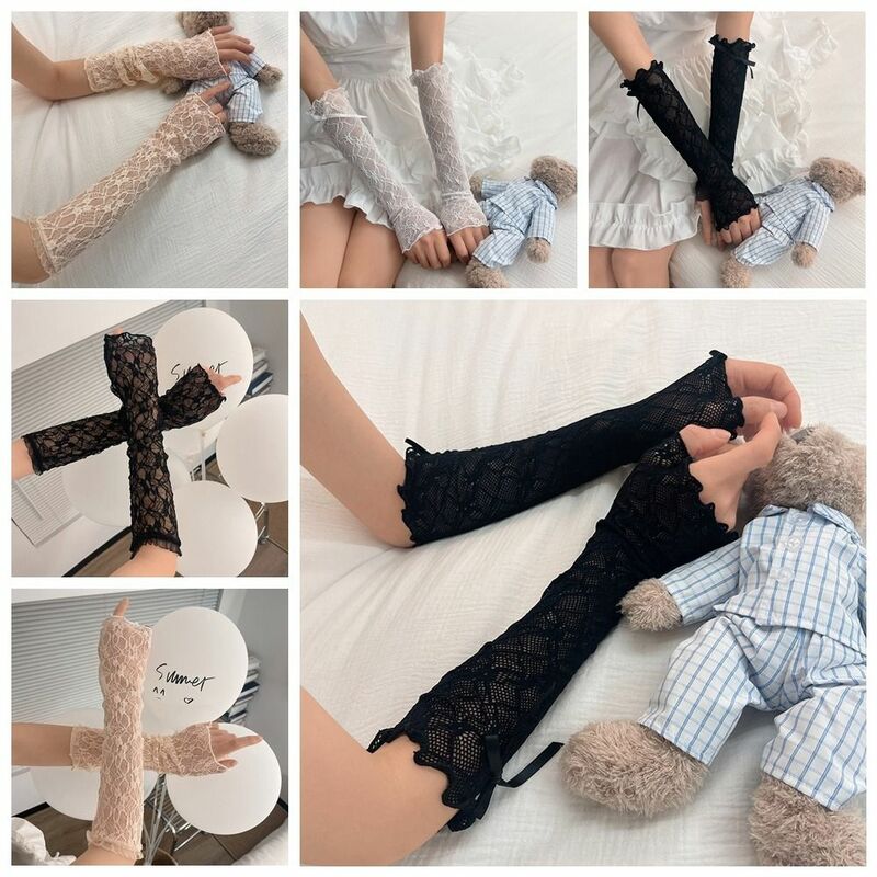Bowknot Lace Gloves Kawaii Ruffle Fingerless Lace Arm Sleeves Fishnet UV Protection Girls