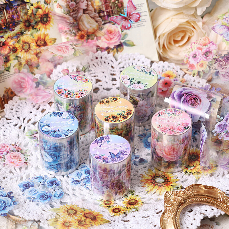 Journamm 50mm*2m Flower Decor Tapes for Junk Journal Waterproof PET DIY Scrapbooking Collage Photo Album Aesth Tapes Stationery