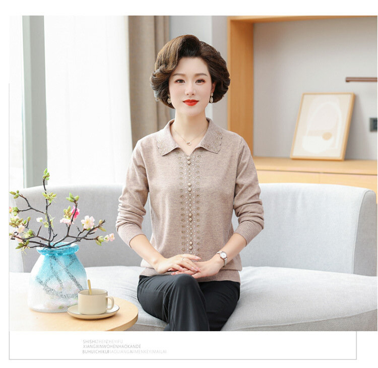 Jersey elegante para madre de mediana edad, camisa de manga larga con solapa, Otoño e Invierno