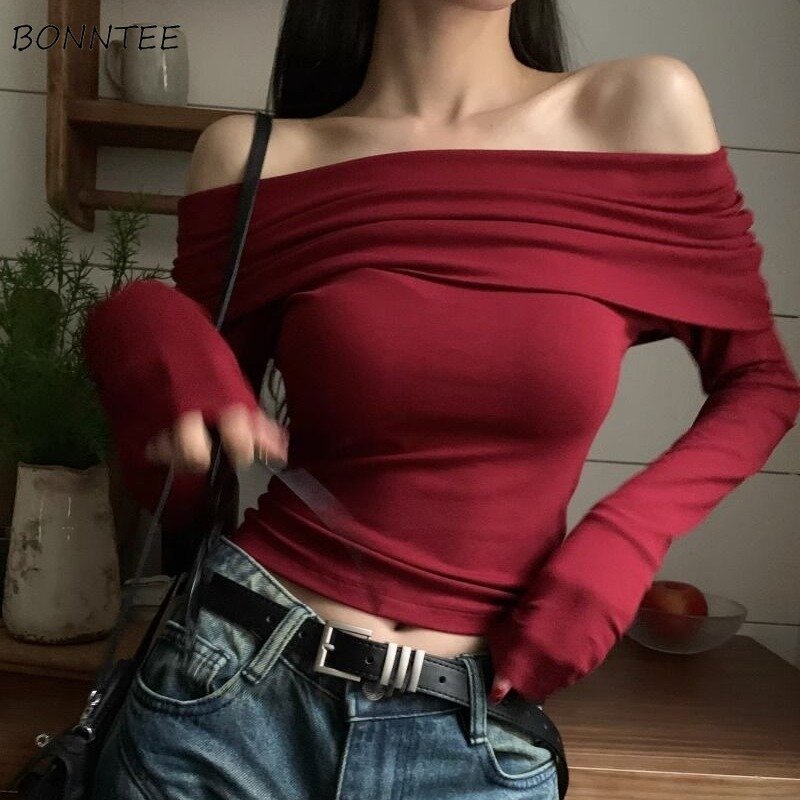 Vintage Red Pullovers Women Slash Neck Slim Long Sleeve Short Basic Sexy Pleated New Hot Chic Ulzzang Streetwear All-match Mujer