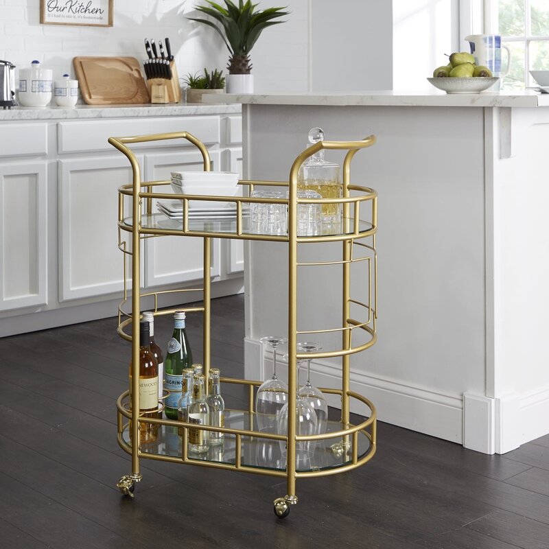 Better Homes & Gardens Fitzgerald Bar Cart, 2 Tiers Display Cabinet, Home Furniture, Matte Gold Metal Finish