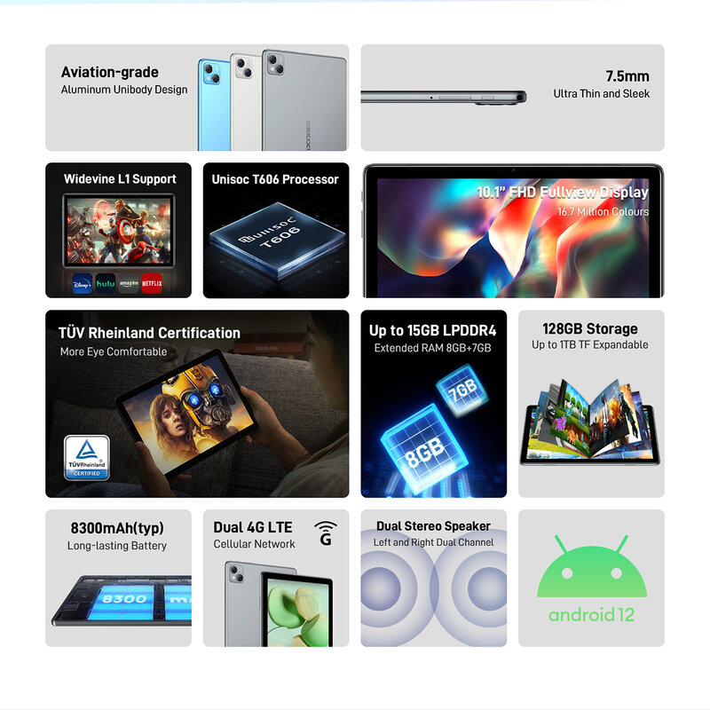 DOOGEE-Tablette PC T10 Android 12 Pad TWATV, écran FHD + 10.1 ", 8 + 128 Go, Octa Core, Widevine L1, caméra 13MP, 8300mAh
