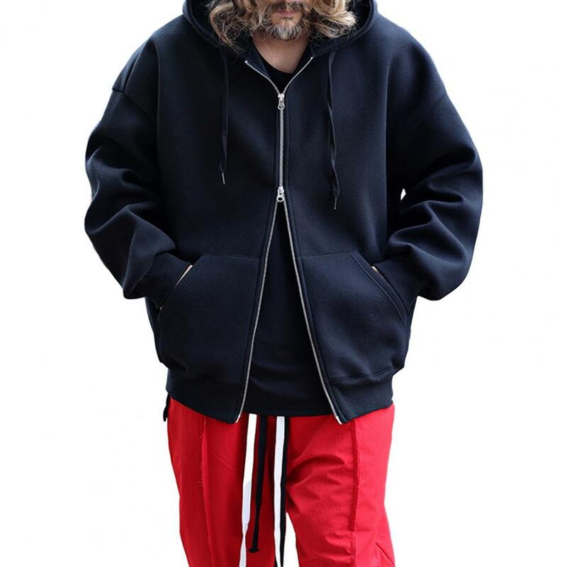 Men Hooded Jacket Men's Double Zipper Hoodie Outwear with Drawstring Pockets Solid Color Loose Fit Coat Warm Hoodies for Autumn