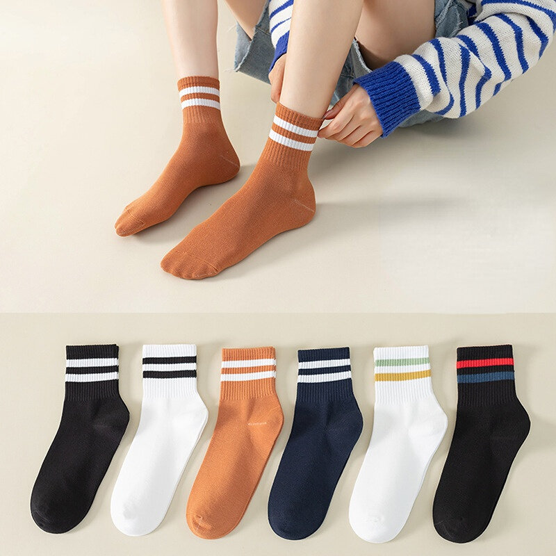 1 Pair Medium Tube Loose Women Socks Two Bars Pile Socks Cotton Korean Japanese Student Stockings 2023 Fashion Basic White Socks