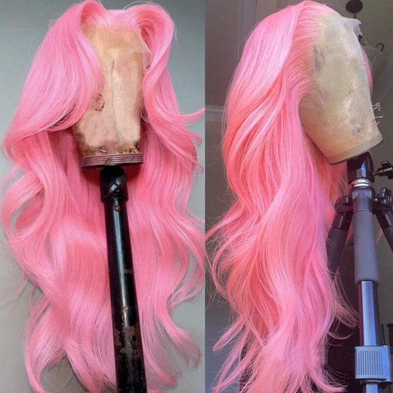 Diniwigs-Perucas sintéticas rosa frente do laço para mulheres, peruca longa onda do corpo, cabelo fibra resistente ao calor, perucas cosplay