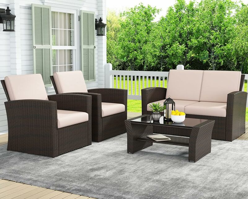 Mobília ao ar livre do pátio, conjuntos de conversa de vime, cadeira do sofá do Rattan com almofada para quintal gramado e jardim, 4 PCs