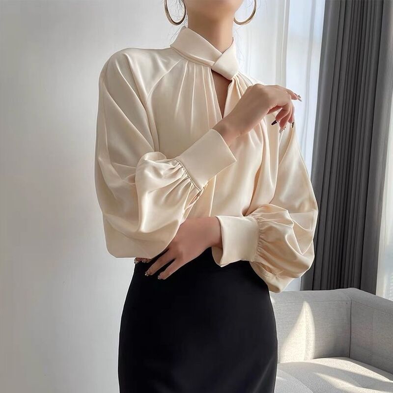 Camisa francesa de cuello alto para mujer, camisa ligera y ondulada de Color sólido, diseño suave, calado, cómodo, manga abullonada, primavera, 2024