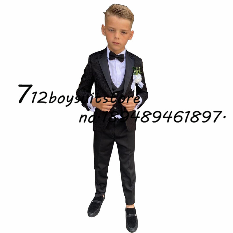 Zwarte Jongens Blazer 3 Stuks Jas Broek Vest Smoking Voor Bruiloft Formele Kinderen Slim Fit Pak Set Puntige Revers Kleding