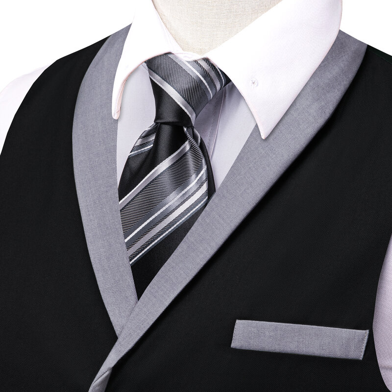 Colarinho Jacquard Suit Vest, colete Slim Fit para padrinhos de casamento, smoking com decote em v, jaqueta monocromática sem mangas, xale Hi-Tie, preto e cinza