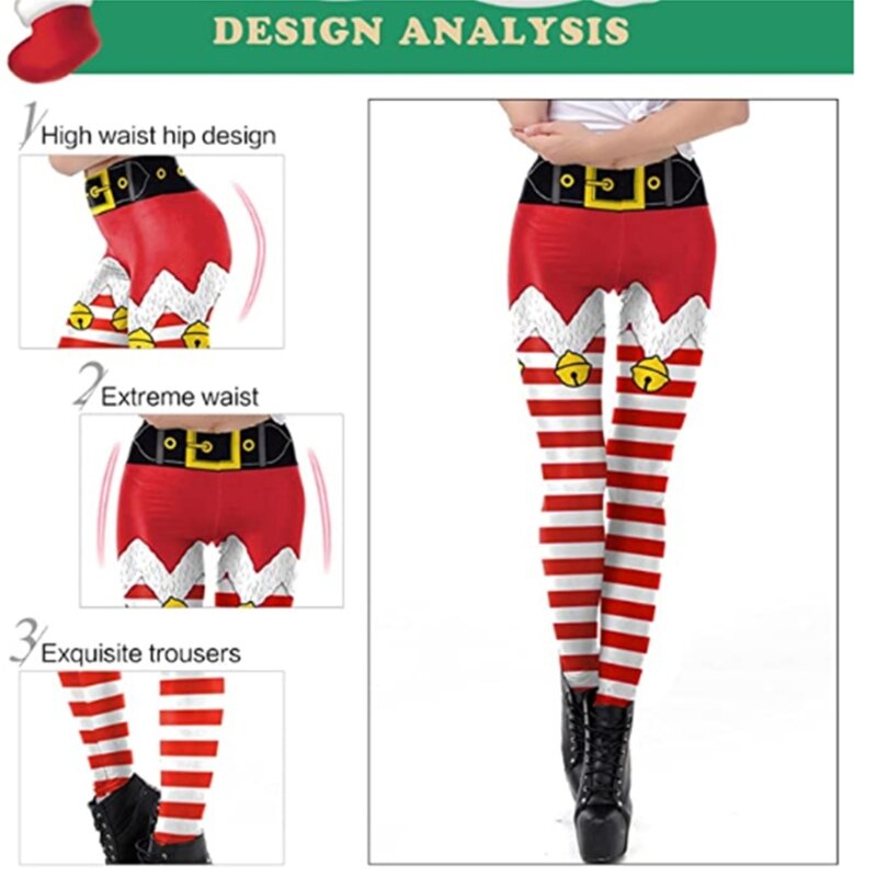Women Christmas Fake Elf Shorts Print Leggings Funny Belt Striped Santa Holiday Tights Rise Xmas Cosplay Costume Dropship