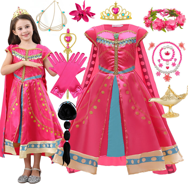 Платье принцессы жасмин для девочек, рождественское великолепное розовое платье Aladdin, Детская светодиодная лампа, Детская Арабская одежда