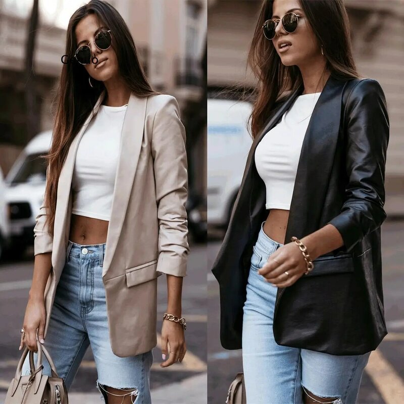 Autumn Loose Casual Women Pu Leather Blazers Jacket High Street Soft Elegant Woman Faux Leather Jacket 2021 Spring Cool New